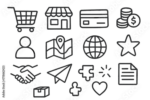 Consumer Commerce Icons. Hand-drawn doodle illustration Consumer access shopping cart, store, credit card, coins, person icon, map, globe, star, spark,