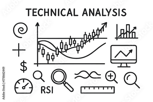 Technical Analysis Doodles. Hand-drawn doodle illustration Technical Analysis line graph, candlesticks, moving average lines, trend arrow, Fibonacci spiral,
