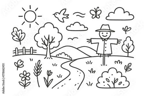 Countryside Doodle Icons. Hand-drawn doodle illustration [Sunny countryside field] [sun, tree, fence, flower, grass, cloud, bird, butterfly, hill, wheat stalk,
