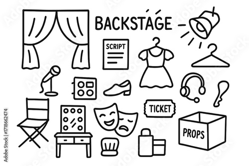 Theater Backstage Essentials. Hand-drawn doodle illustration Backstage at theater curtain, spotlight, microphone, script, costume, hanger, dressing table,