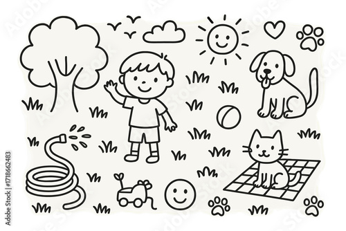 Backyard Playtime Doodles. Hand-drawn doodle illustration Kids and pets in the backyard child, dog, cat, grass, garden hose, ball, tree, toy, cloud, sun, paws,
