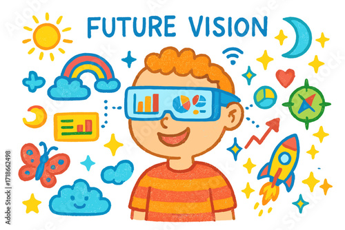 Futuristic Kids' Vision. Colorful Hand-drawn doodle Children illustration Augmented Reality Glasses glasses, hologram, map,