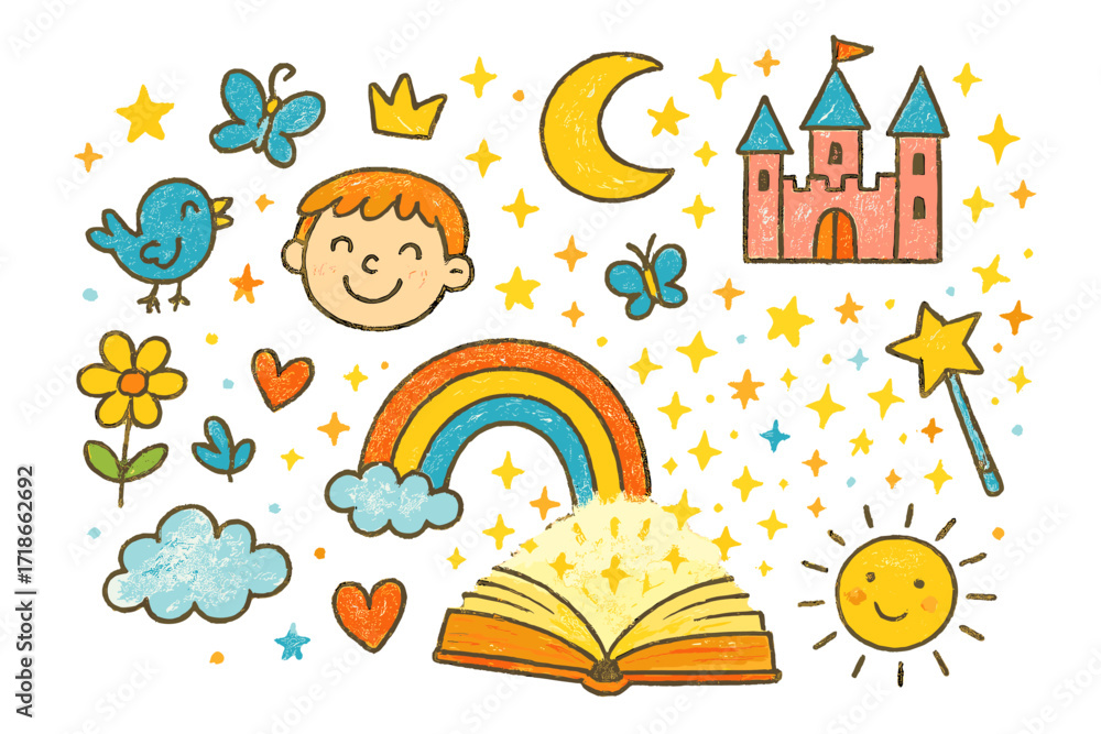 Naklejka premium Magical Storybook Adventure. Colorful Hand-drawn doodle Children illustration Storybook Magic glowing book, rainbow, sparkles,