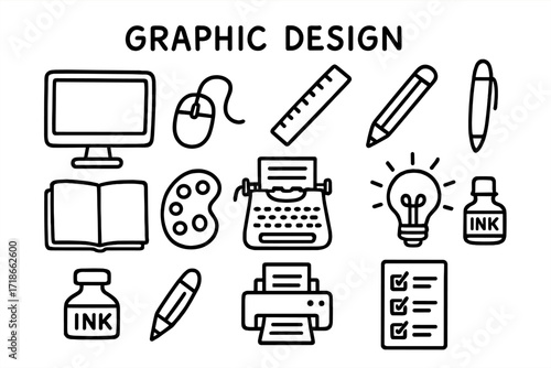 Creative Design Elements. Graphic Design. Hand-drawn doodle illustration catalog mockup, computer screen, mouse, ruler, pencil, sketchbook, palette,