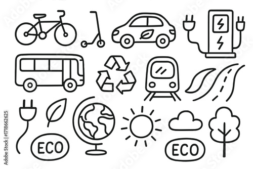 Eco Transport Doodles. Hand-drawn doodle illustration Eco-friendly transport [bicycle, scooter, electric car, charging station, bus, train, recycle symbol,