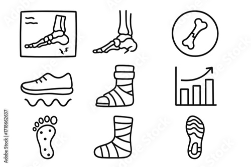 Foot X-ray Doodle. Hand-drawn doodle illustration Foot X-ray foot bones, toe bones, ankle joint, fracture line, bone icon, scan symbol, cast, radiology image,