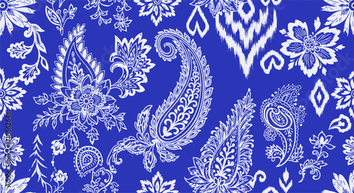 Blue and White Paisley Pattern, Ikat Floral Ornament, Vintage Bohemian Textile Design