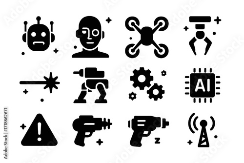 Robot Invasion Icons. Robot Invasion. Solid icons set of robot invasion: robot head, cyborg, drone, mechanical claw, laser beam, armored machine, gears, AI