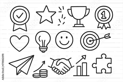 Motivation Icons Doodle. Hand-drawn doodle illustration Employee motivation badge, star, spark, trophy, medal, heart, smiley face, handshake, target, light