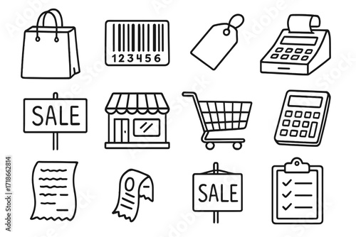 Retail Doodle Icons. Retail. Hand-drawn doodle illustration catalog, shopping bag, barcode, cash register, price tag, receipt, store building, cart,