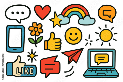 Playful Doodle Icons. Colorful Hand-drawn doodle Children illustration Audience Engagement [chat bubble, heart, star, rainbow, cloud, smartphone, flower,