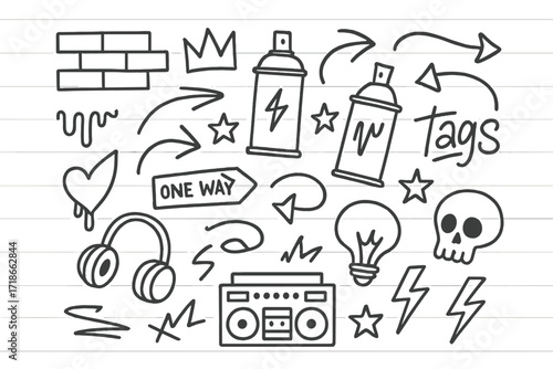 Urban Graffiti Icons. Hand-drawn doodle illustration Urban Graffiti spray cans, arrows, crowns, stars, brick walls, drips, tags, street signs, headphones, boom