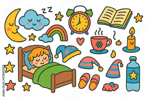 Children's Sleep Icons. Colorful Hand-drawn doodle Children illustration rest and recovery sleeping face, bed, moon, stars, clock, tea cup, book, blanket,