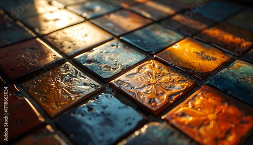Macro shot of ceramic tile surface with dramatic light, highlighting glossy finish, intricate textures, and elegant interior style.