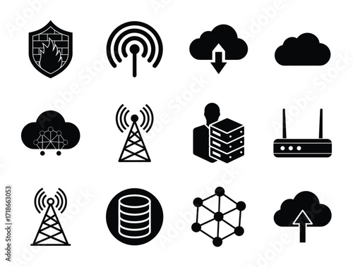 Network and Internet Silhouette Icons Set on White Background technology cloud
