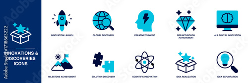 Innovations and Discoveries Blue Colored Outline Icon Set