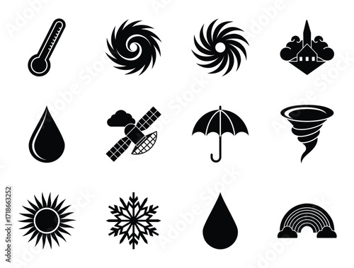 Weather Phenomenon and Climate Icons in Silhouette thermometer hurricane