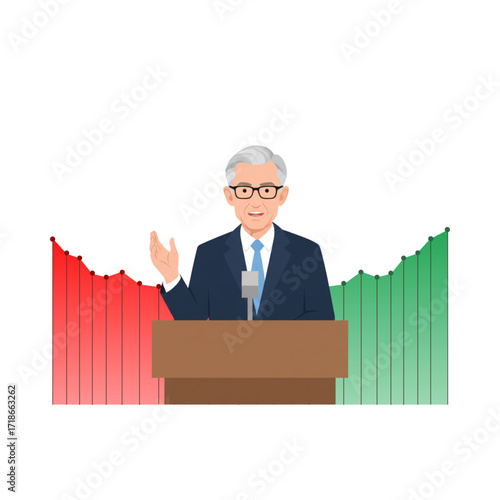 Experienced business leader or politician delivers a crucial economic speech at a podium, discussing market performance with illustrative graphs showing both growth and decline