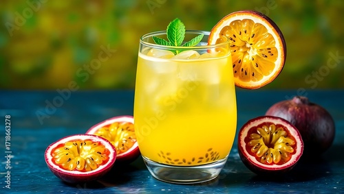 Passionfruit cooler in a curved glass, with seeds visible at the bottom, placed beside fresh passionfruit halves
