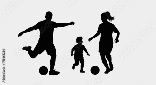 Family Playing Soccer Silhouette, Parents and Son Kicking Ball, Active Family Recreation