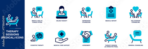 Therapy Sessions (Medical) Blue Colored Outline Icon Set