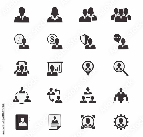 Versatile collection of business people icons showcasing teamwork, leadership, HR functions, and professional networking in a modern and clean style
