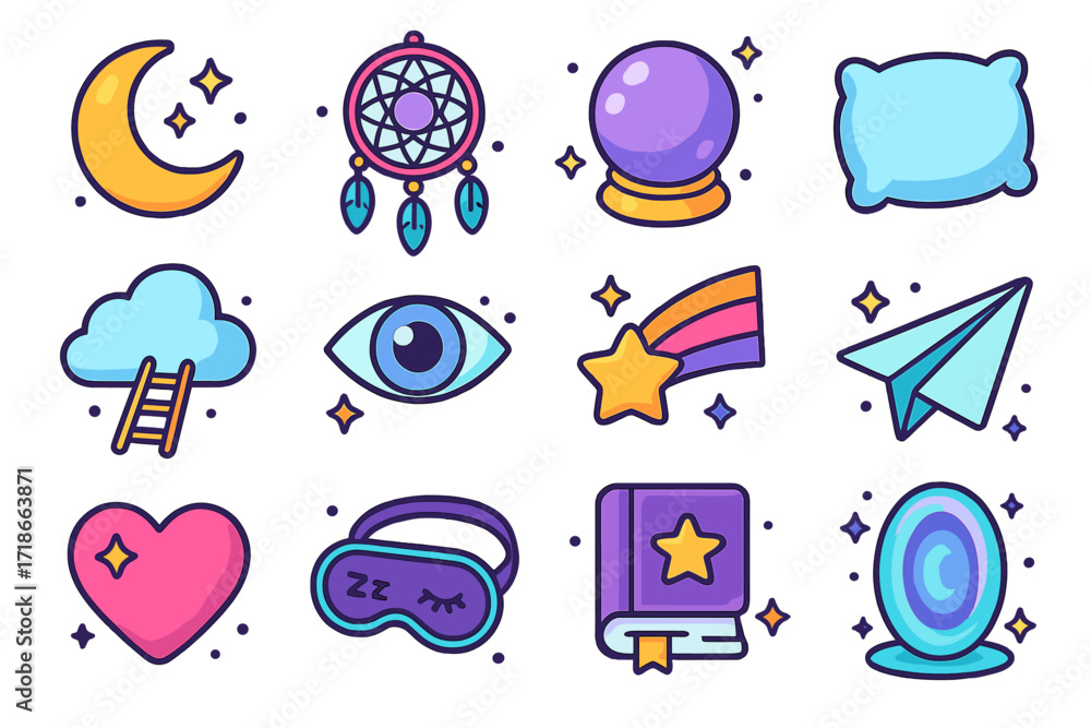 Fototapeta premium Dream Icons Collection. Dreams. Colorful isometric vector icons set of dreams: moon with stars, dreamcatcher, crystal ball, fluffy pillow, cloud with ladder,