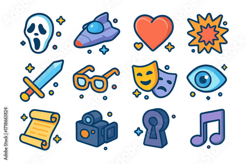 Film Genre Icons. Colorful isometric vector icons set of film genres: horror mask, sci-fi spaceship, romantic heart, action explosion, fantasy sword, comedy