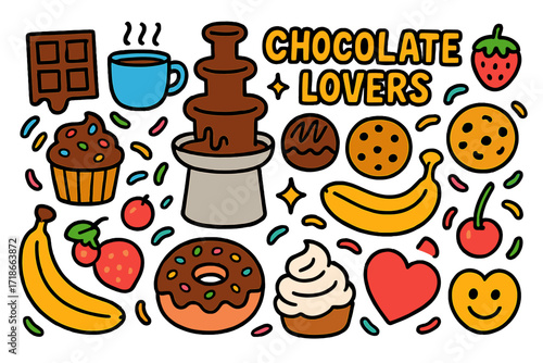 Chocolate Delight Doodles. Colorful Hand-drawn doodle Children illustration Chocolate lovers chocolate fountain, chocolate bar, hot cocoa, cupcake, truffle,