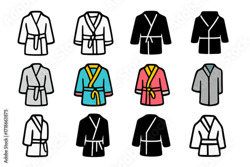 Spa Robe Logos. Set Logo of Spa Robes: Robe with belt tied. Logo set in vector style, emblematic variations. line, bold thick line, solid black filled, solid