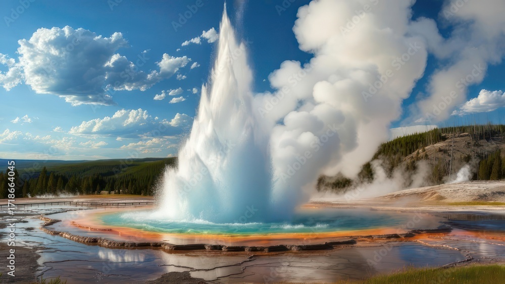 Obraz premium Majestic geyser erupts with powerful force, showcasing vibrant rainbow-colored thermal pools under a bright blue sky with fluffy clouds.