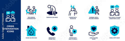 Crisis Intervention Blue Colored Outline Icon Set