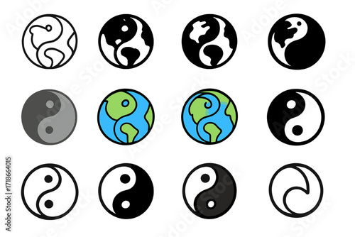 Cultural Adaptation Logos. Set Logo of Cultural Adaptation: Yin yang globe. Logo set in vector style, emblematic variations. line, bold thick line, solid black