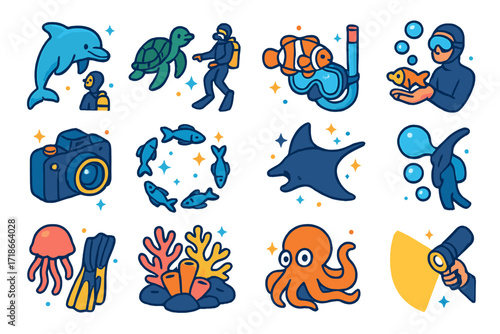Underwater Adventure Icons. Colorful isometric vector icons set of sea creatures interacting with scuba divers: curious dolphin, sea turtle swimming near