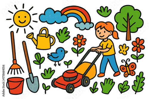 Whimsical Lawn Care Icons. Colorful Hand-drawn doodle Children illustration Lawn Care [lawnmower, rake, shovel, watering can, gloves, bucket, sun, cloud,
