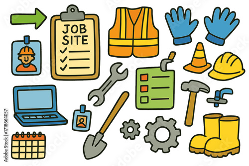 Construction Tools Doodle. Colorful Hand-drawn doodle Children illustration Job Site clipboard, laptop, construction vest, wrench, checklist, gloves, cone,