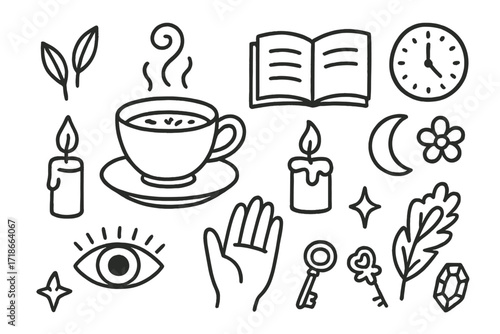 Tea Leaf Symbols. Hand-drawn doodle illustration tea leaf reading teacup, saucer, tea leaves, steam swirl, book, candle, hand, eye, moon, star, clock, feather,