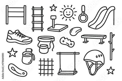 Climbing Course Doodles. Hand-drawn doodle illustration Climbing activity course step bar, rope ladder, platform, climbing ring, slide, balance beam, swing,