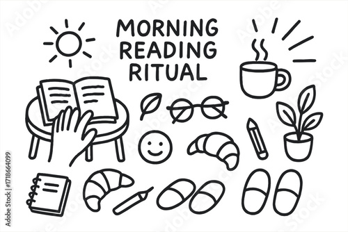 Morning Reading Ritual. Hand-drawn doodle illustration Morning reading ritual [hand, sun icon, open book, coffee cup, table, glasses, leaf,