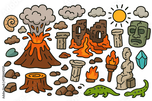 Volcano Ruins Doodle. Colorful Hand-drawn doodle Children illustration Volcano ruins lava flow, charred walls, stone mask, broken pillar, cracked statue,