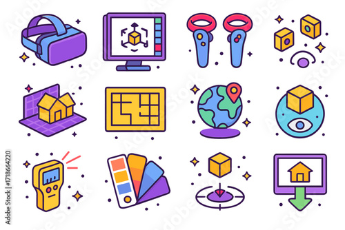 Virtual Reality Architect Icons. Colorful isometric vector icons set of Virtual Reality Architect Tools: VR headset, 3D modeling software screen,