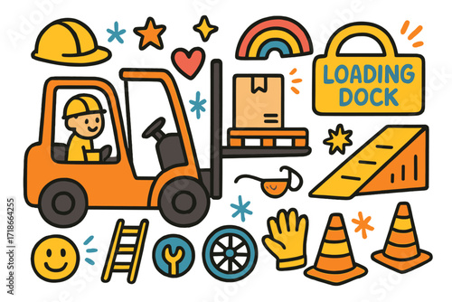 Forklift Cartoon Doodle. Colorful Hand-drawn doodle Children illustration Forklift Loading Dock [forklift, pallet, box, ramp, helmet, cone, gloves, wheel,
