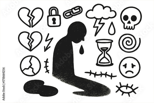 Guilt and Regret Doodles. Hand-drawn doodle illustration Guilt and regret shadow [person silhouette, shadow, broken heart, lock, chain, cloud, teardrop,