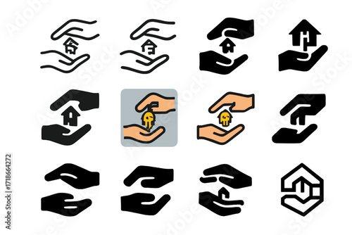 House Key Exchange. Set Logo of Handheld House Keys: pair of hands exchanging house key. Logo set in vector style, emblematic variations. line, bold thick