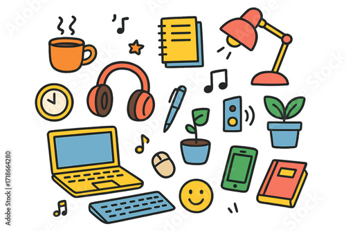 Vibrant Workspace Doodles. Colorful Hand-drawn doodle Children illustration Workspace soundscapes [laptop, headphones, coffee mug, notepad, pen, desk lamp,
