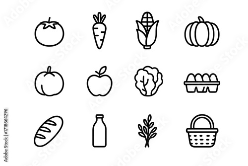 Farmers Market Icons. Farmers market. Line icon set of farmers market: tomato, carrot, strawberry, corn, pumpkin, apple, lettuce, egg carton, bread loaf, milk