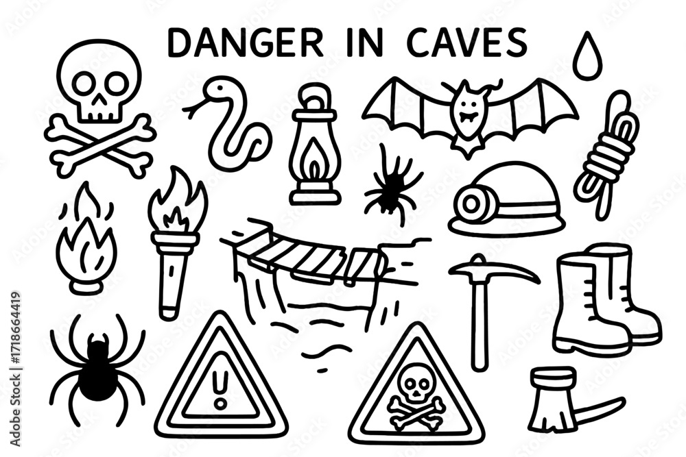 Fototapeta premium Cave Exploration Dangers. Danger in caves. Hand-drawn doodle illustration danger in caves skull, bones, snake, bat, spider, torch, lantern, rope, broken
