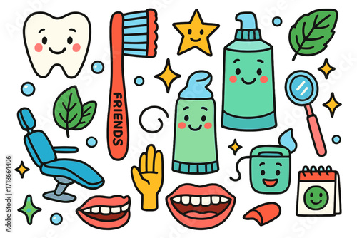 Cheerful Dental Doodle. Colorful Hand-drawn doodle Children illustration Toothbrush and Friends toothbrush, toothpaste, floss, smiling tooth, mint leaf, star,