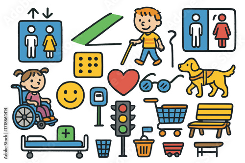 Accessibility Icons Collection. Colorful Hand-drawn doodle Children illustration Everyday accessibility [elevator, ramp, wheelchair, walking cane, guide dog,
