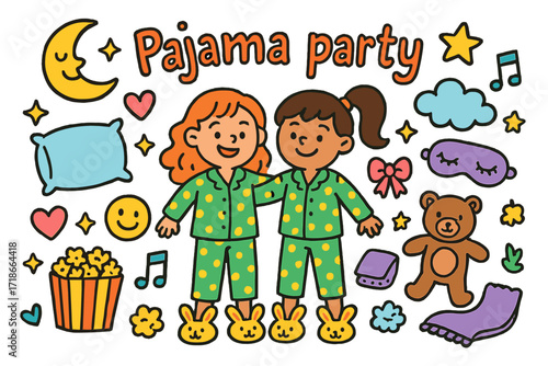 Pajama Party Fun. Colorful Hand-drawn doodle Children illustration Pajama party matching pajamas, bunny slippers, pillow, moon, heart, star, smiley face,